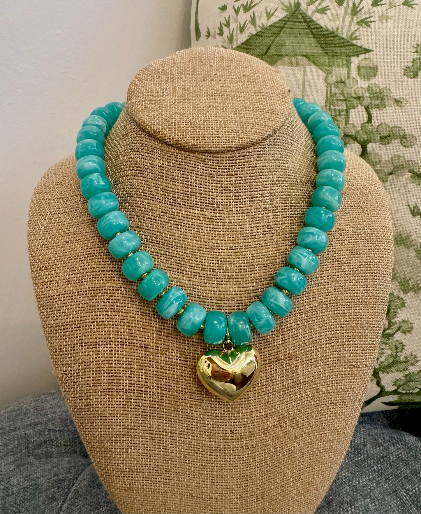 Teal Blue Beaded Necklace with Heart Charm