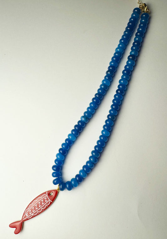 Blue Beaded Red Fish Necklace