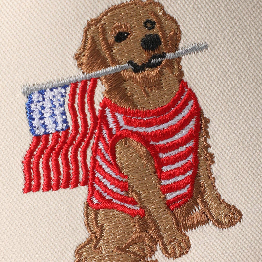 GOLDEN RETRIEVER HOLDING USA FLAG HAT