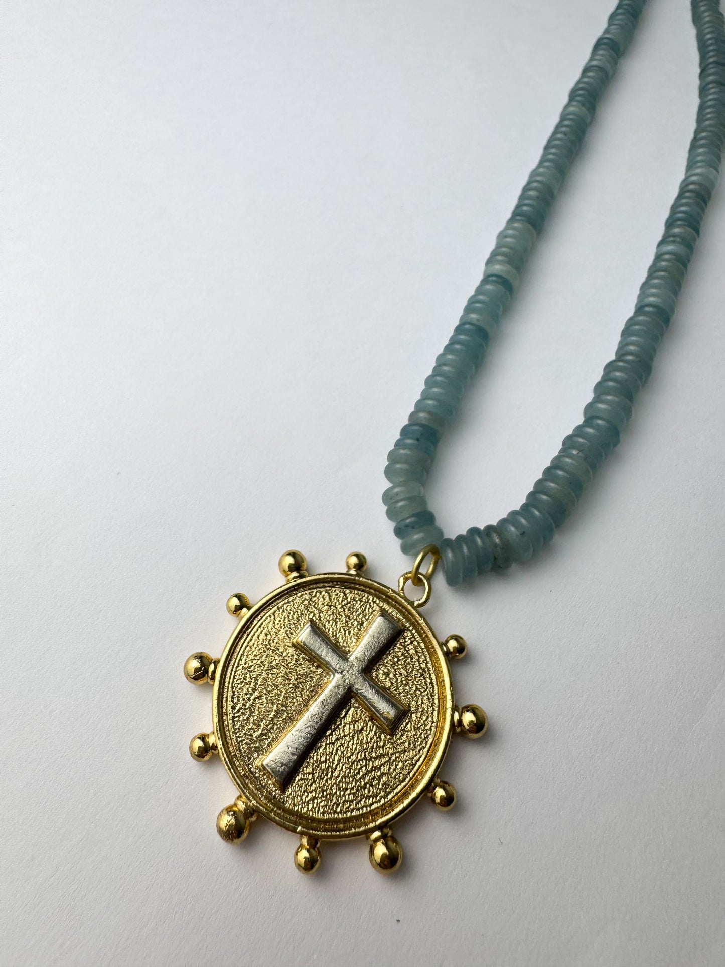 Blue Necklace with Two Toned Cross Charm