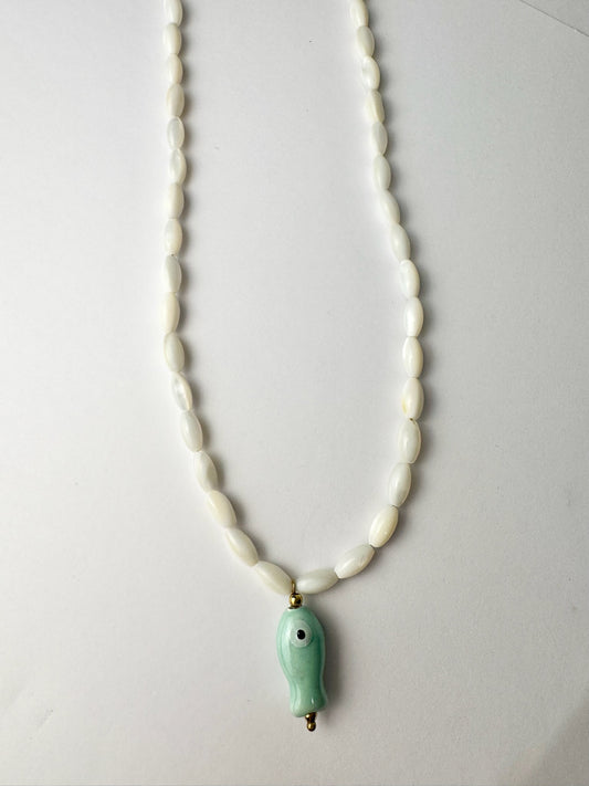 Aqua Fish White Beaded Necklace