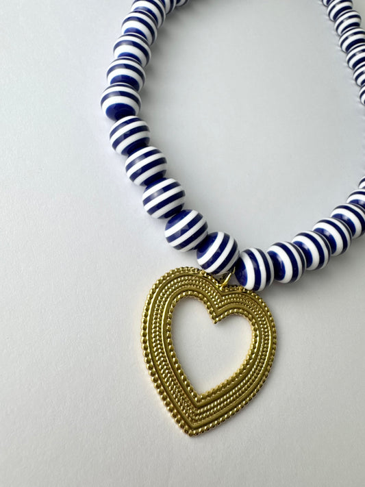 Navy Striped Heart Necklace