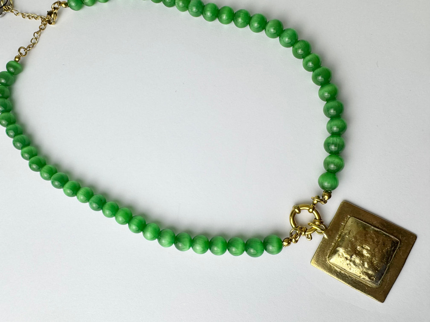 Green Beaded Necklace with Square Charm
