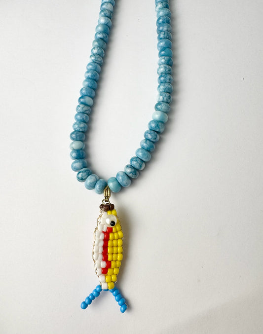 Blue Beaded Fish Necklace