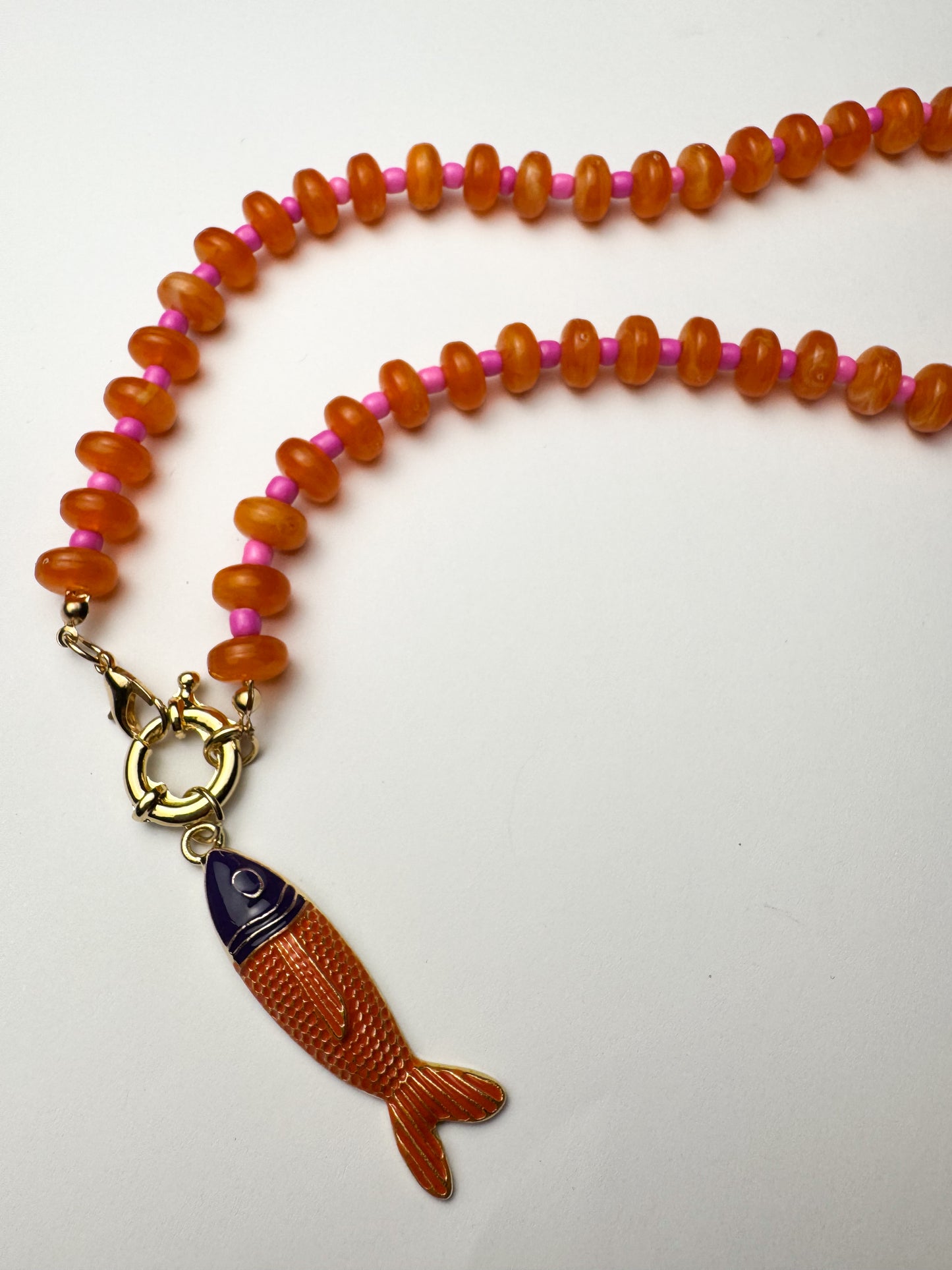Orange & Pink Beaded Fish Necklace