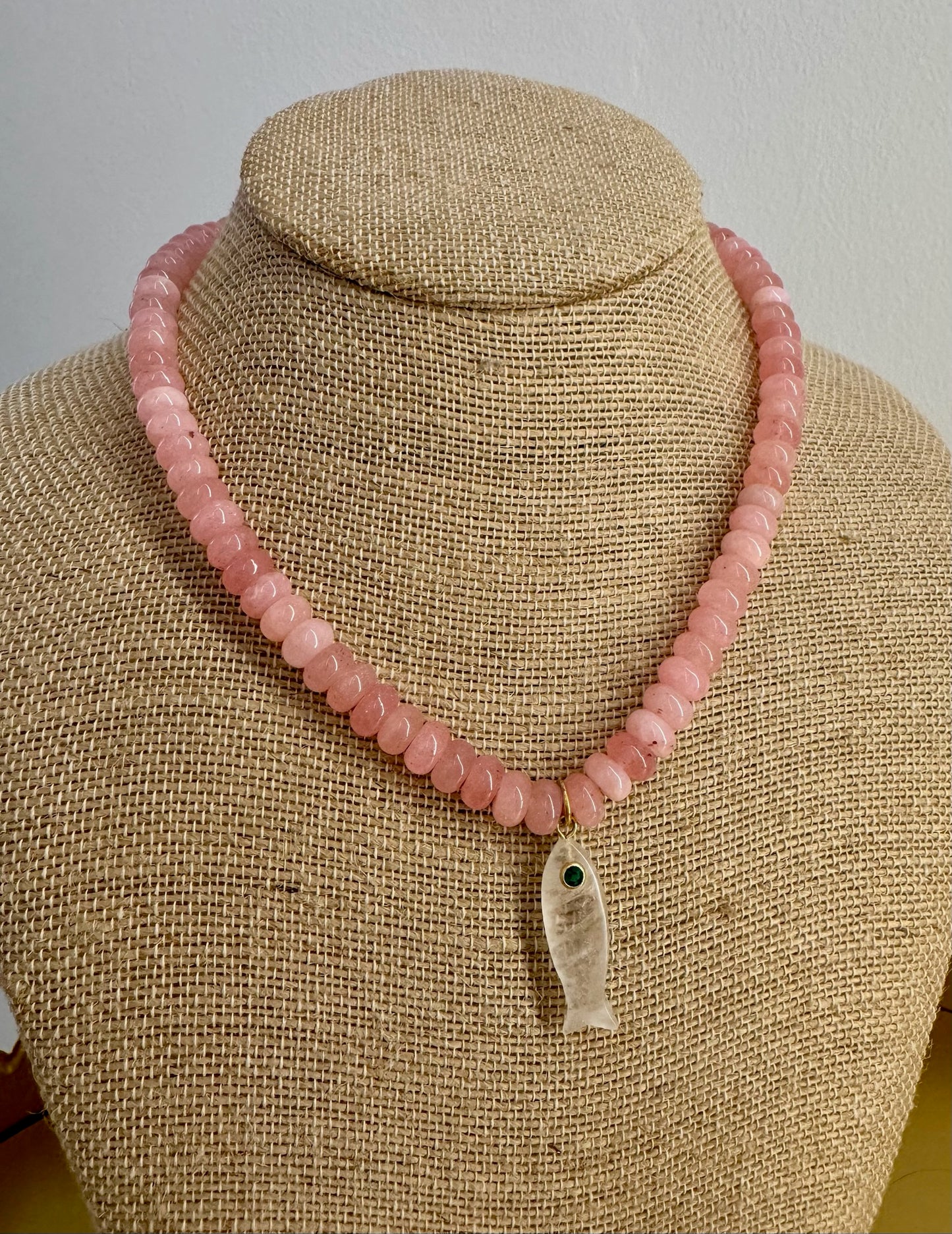Pink Beaded Clear Fish Necklace Green Eye