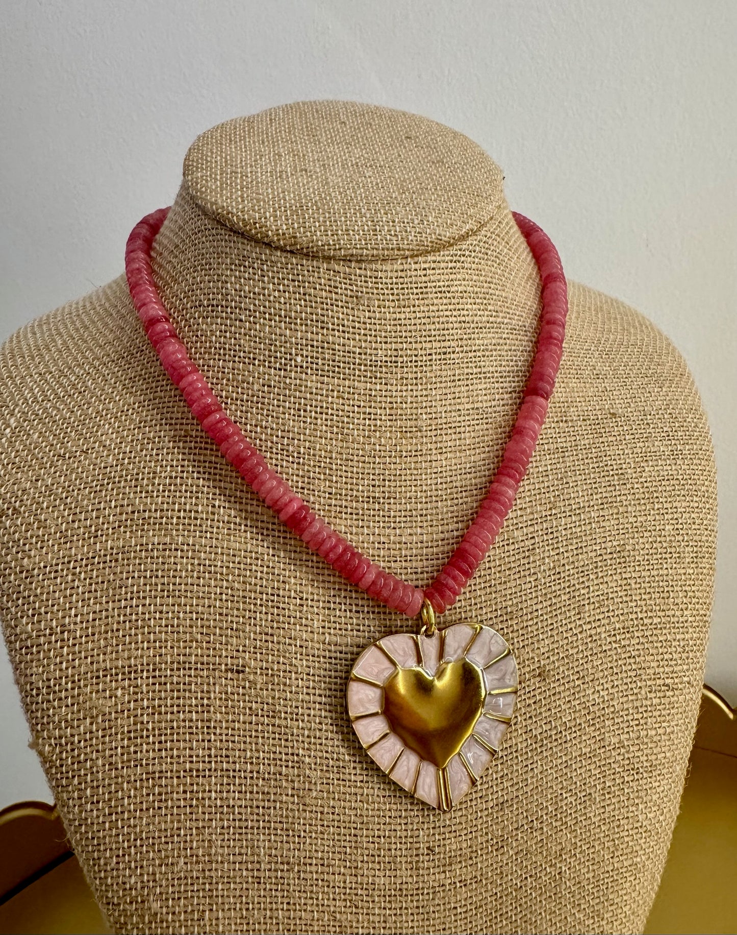Pink Beaded Heart Pendant Necklace