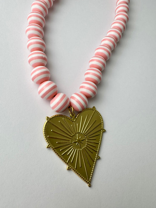 Pink Striped Beads with Heart Charm