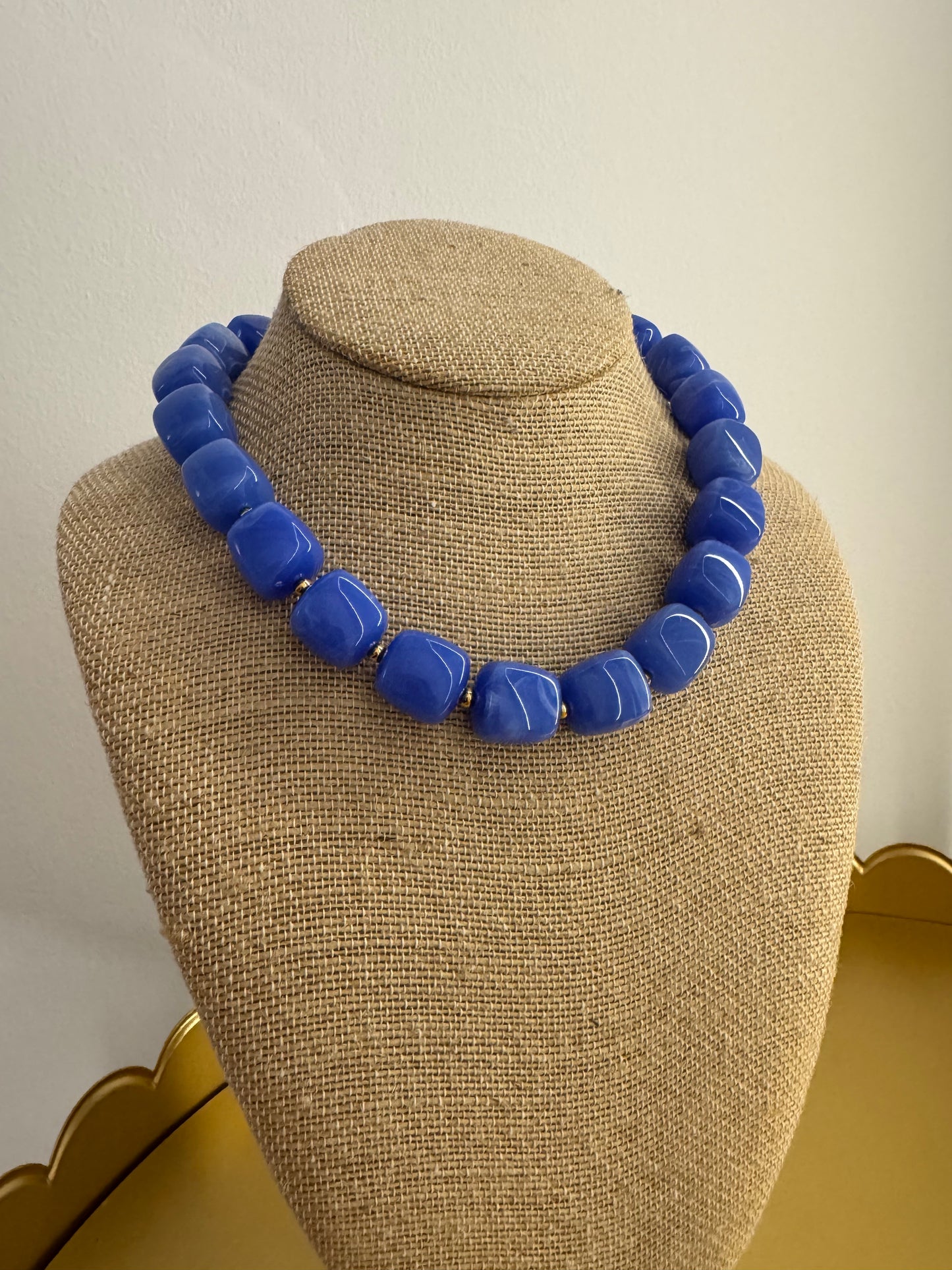 Dark Blue Marble Square Beaded Necklace