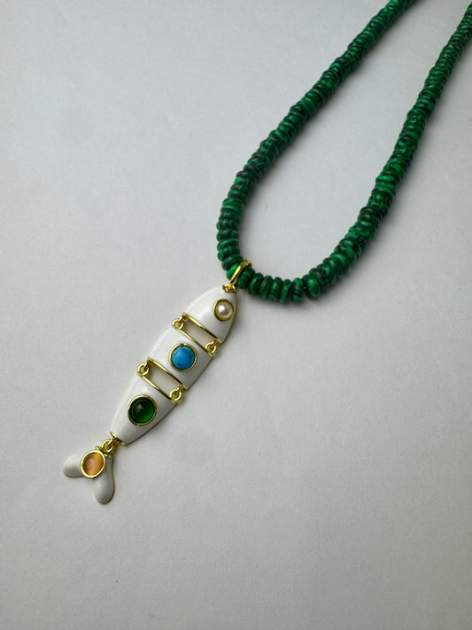 Dark Green & White Fish Necklace