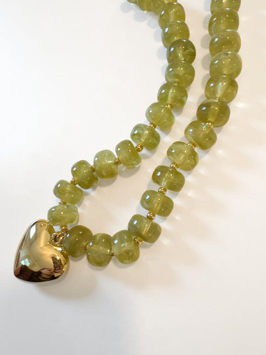 Grape Green Small Beaded Necklace with Heart Charm