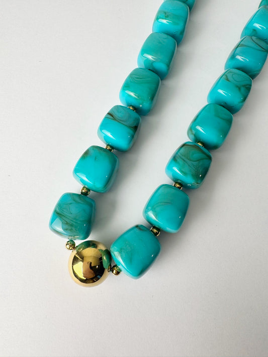 Teal Marble Necklace- Square Beads