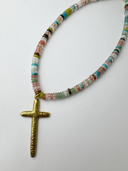 Multi Color Beaded Necklace with Cross