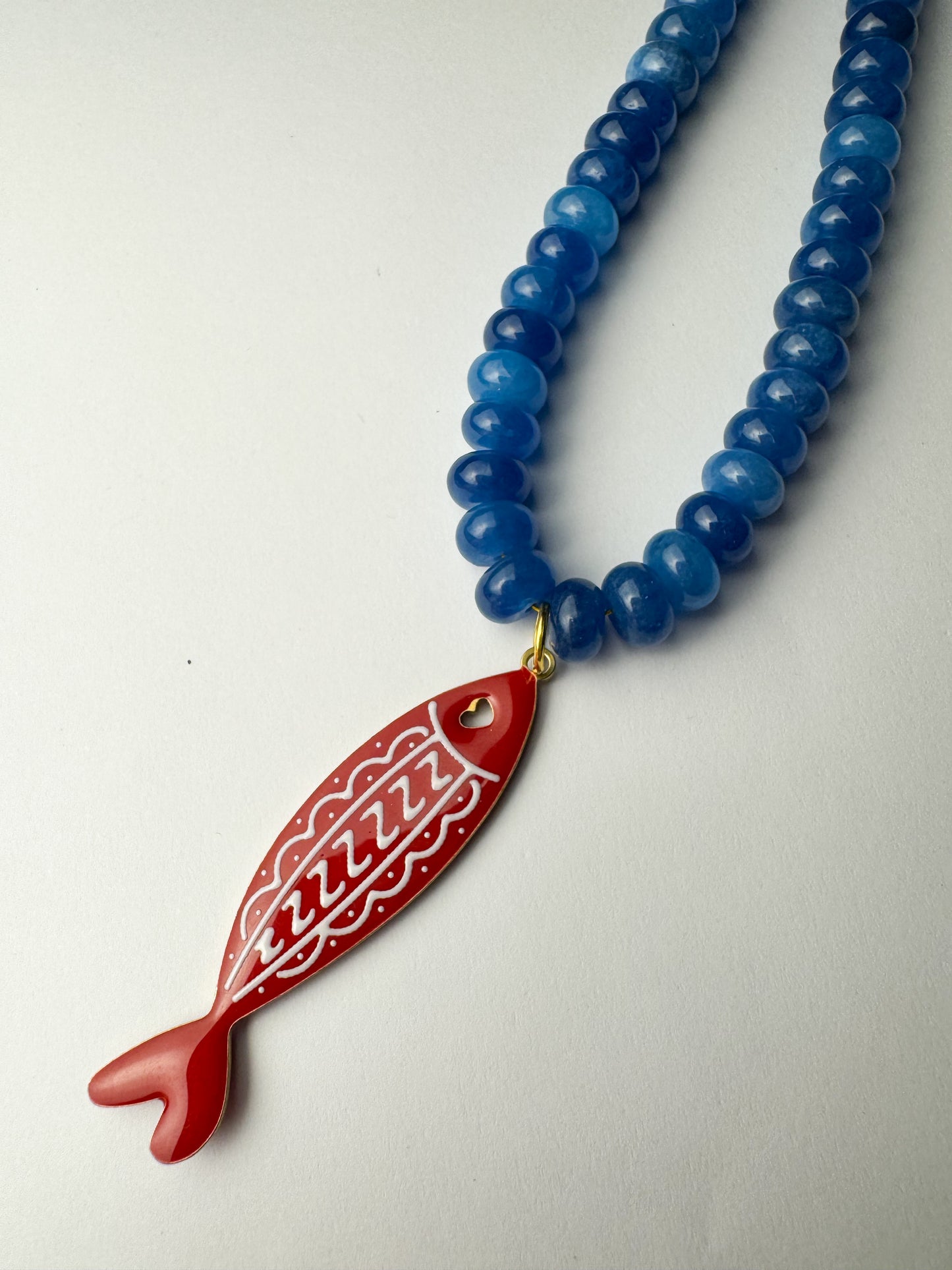 Blue Beaded Red Fish Necklace