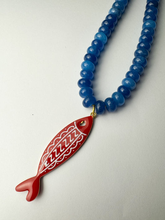 Blue Beaded Red Fish Necklace