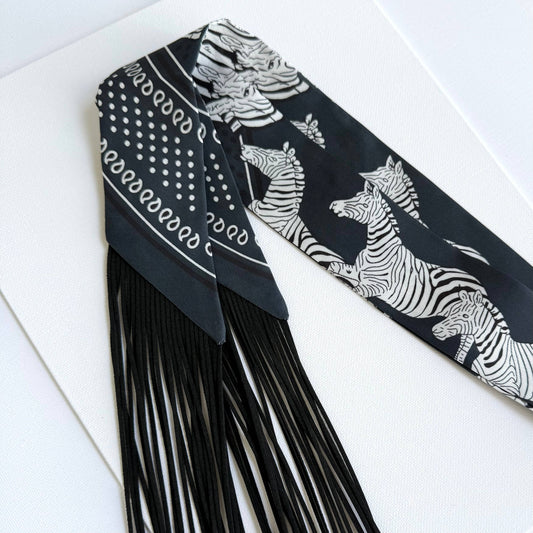 Fringe Scarf Animal Print Black