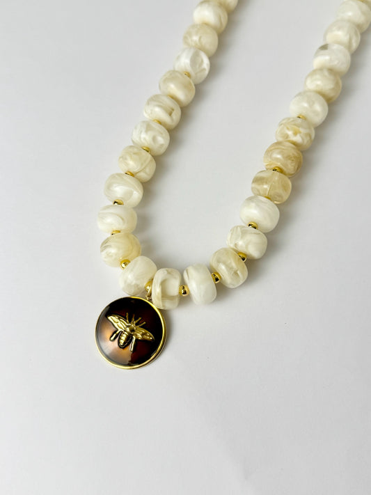 White Marble Bee Necklace