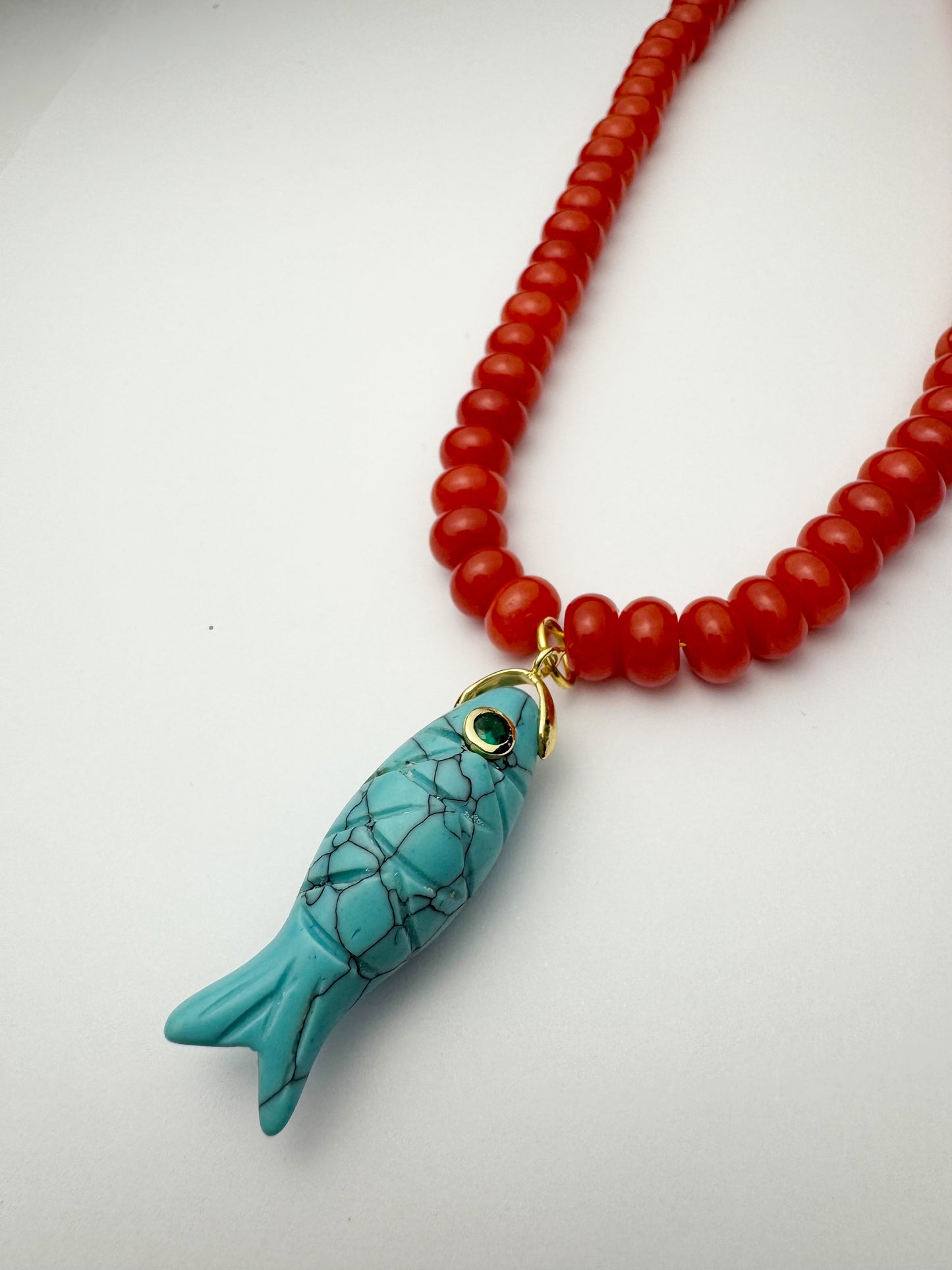 Red Beaded Blue Fish Necklace