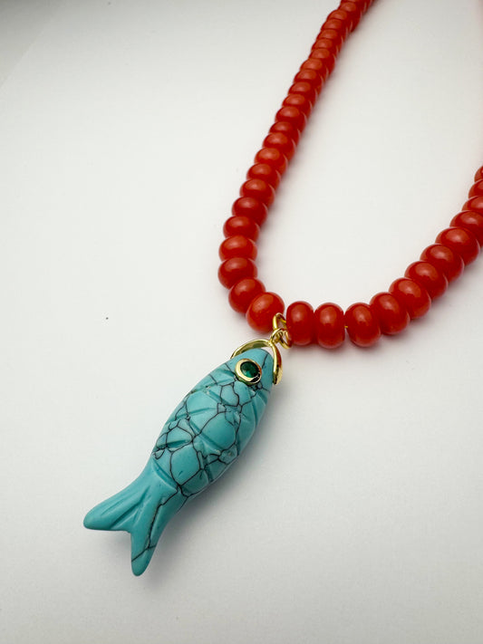 Red Beaded Blue Fish Necklace