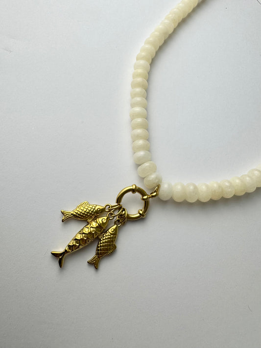 White Beaded Triple Fish Necklace