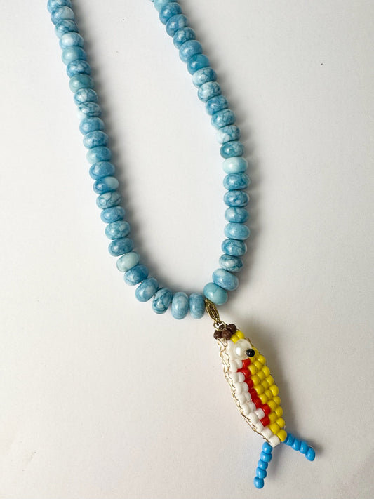 Blue Beaded Fish Necklace