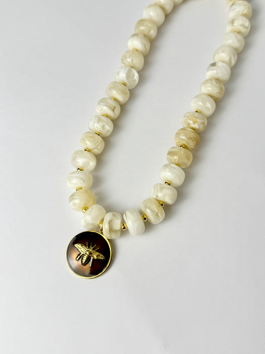 White Marble Bee Necklace