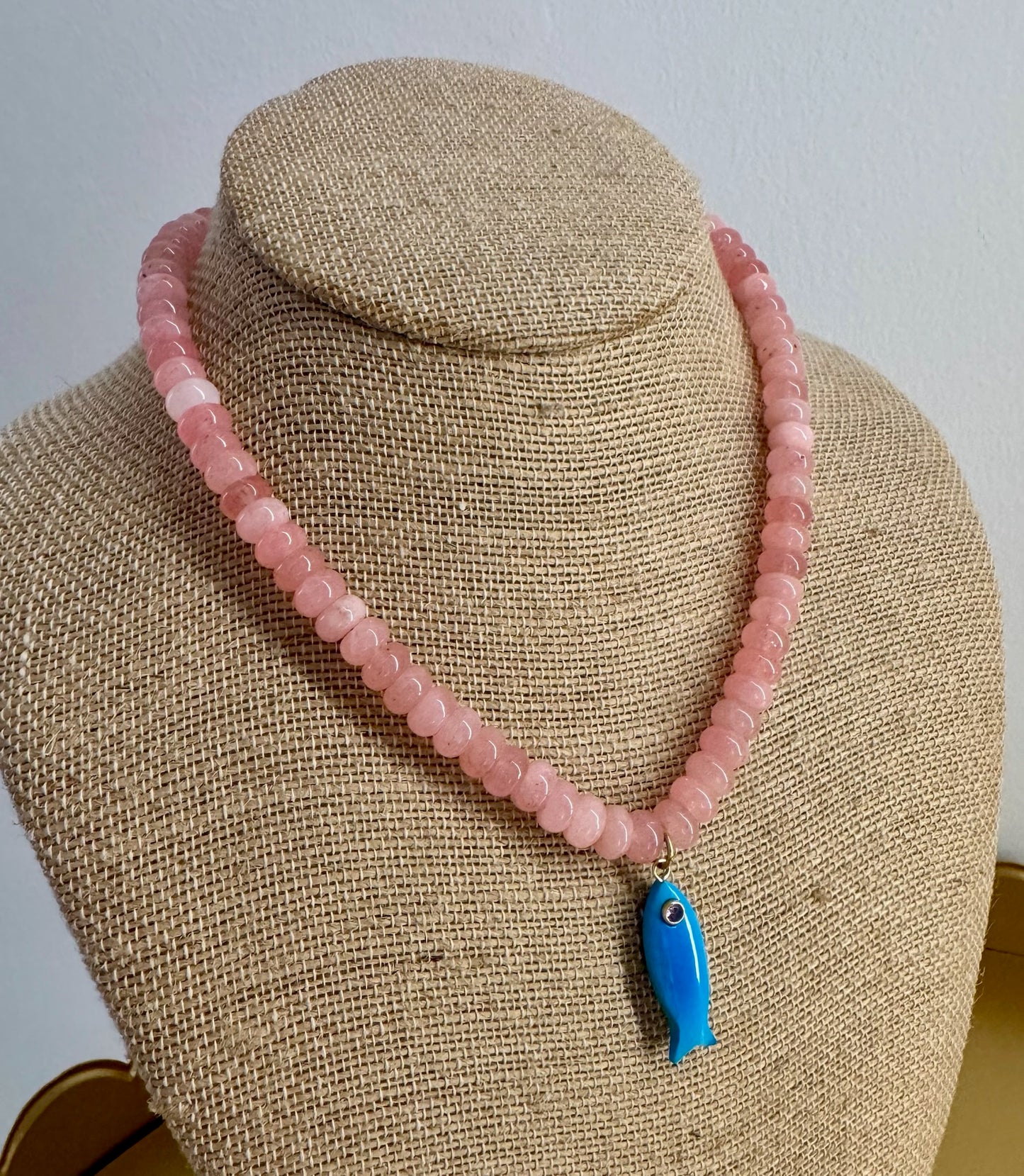 Pink Beaded Fish Necklace Blue Fish
