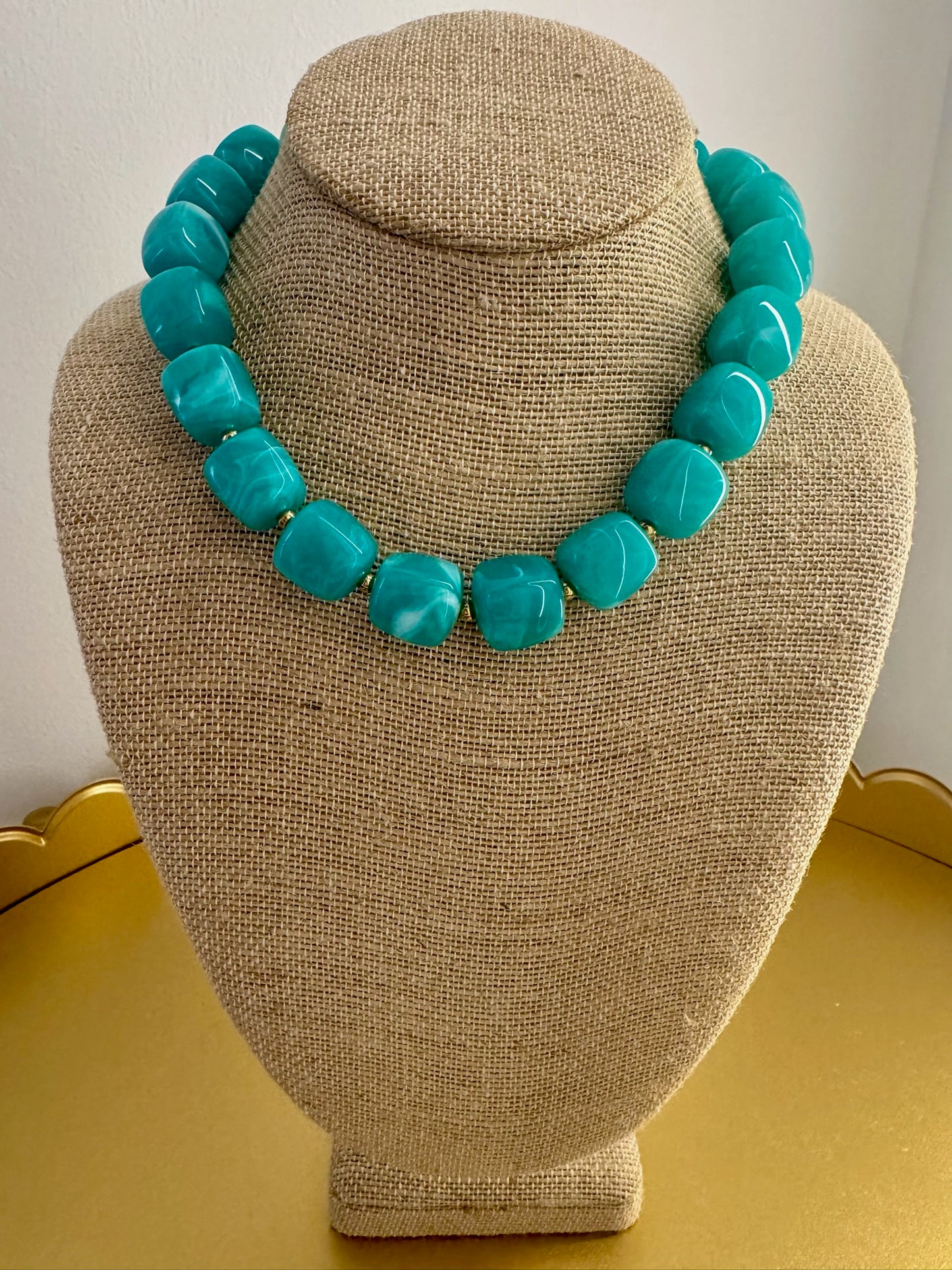 Blue Marble Square Beaded Necklace
