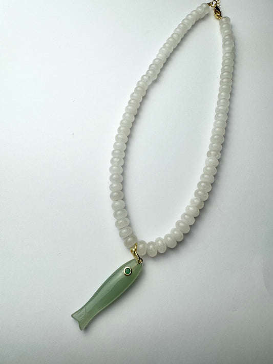 White Beaded Fish Necklace