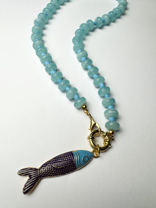 Blue Beaded Fish Necklace