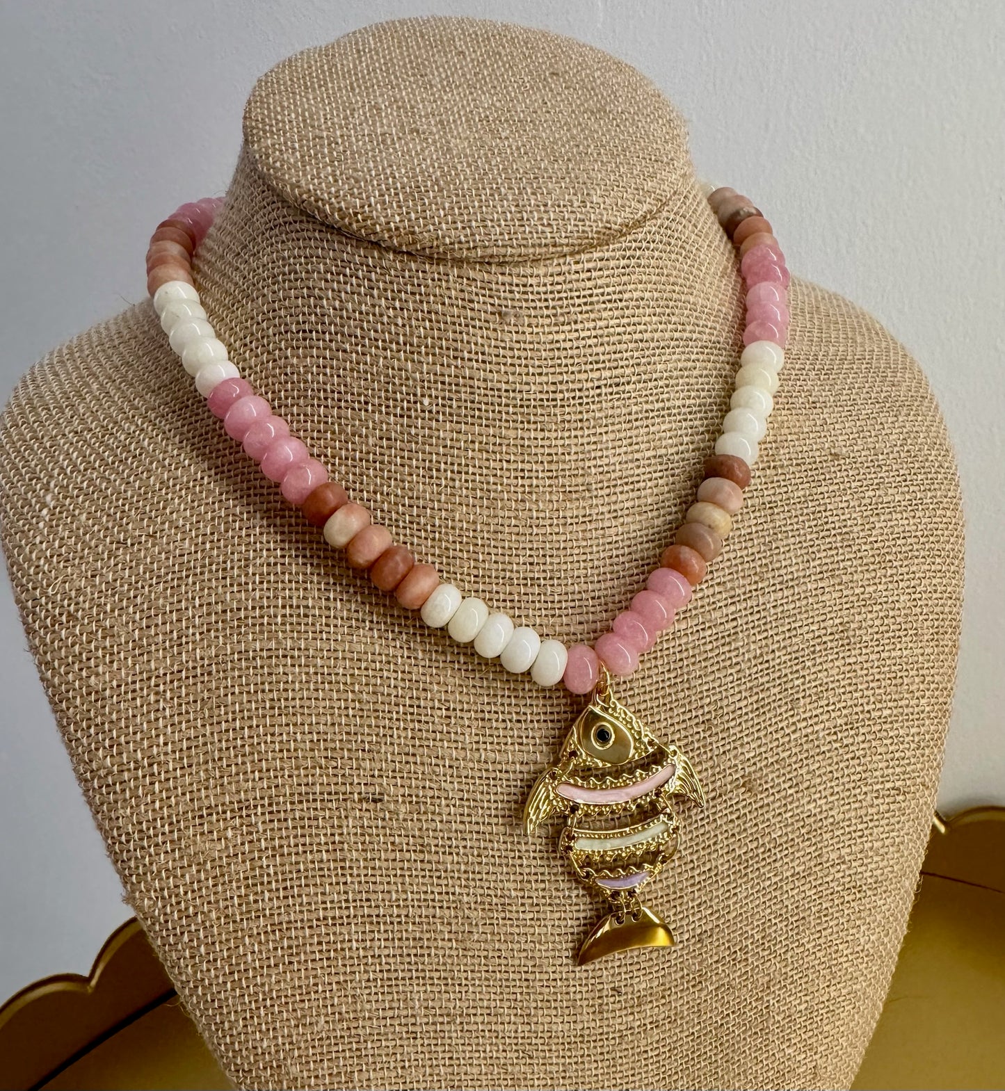 Pink White Multi Beaded Fish Necklace