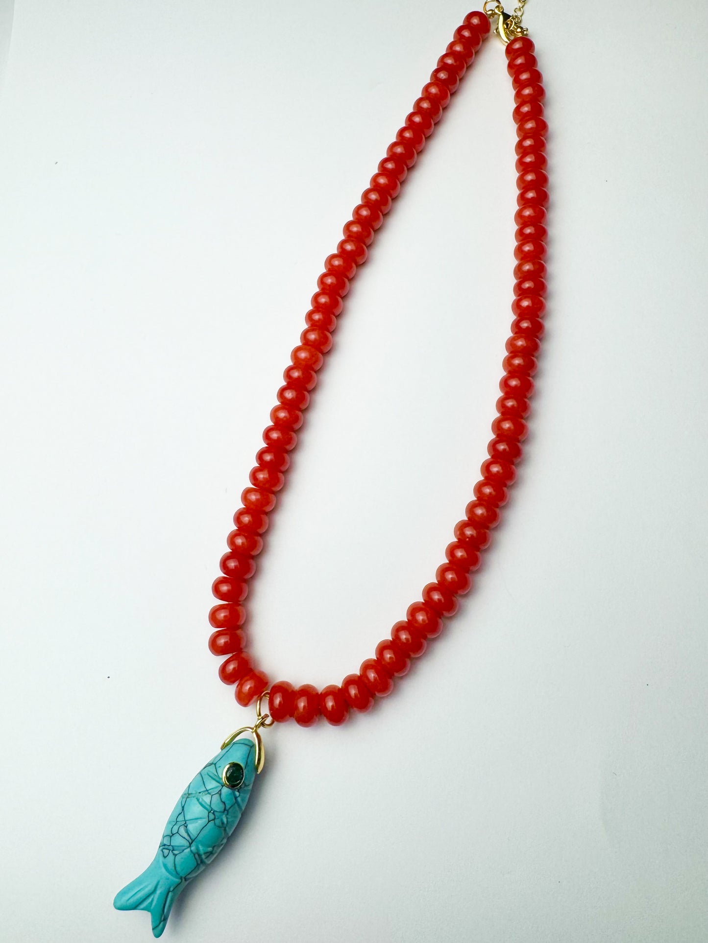 Red Beaded Blue Fish Necklace