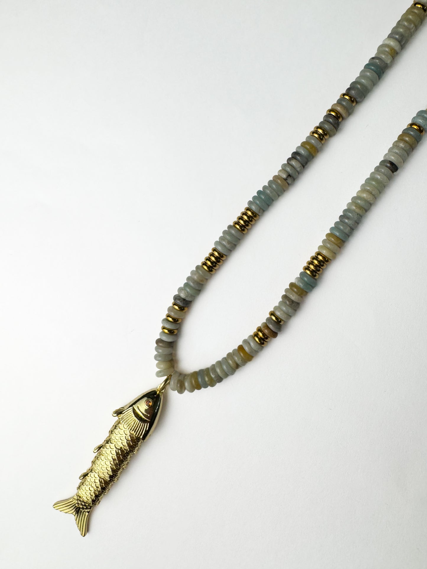 Grey Blue Beaded Gold Fish Necklace