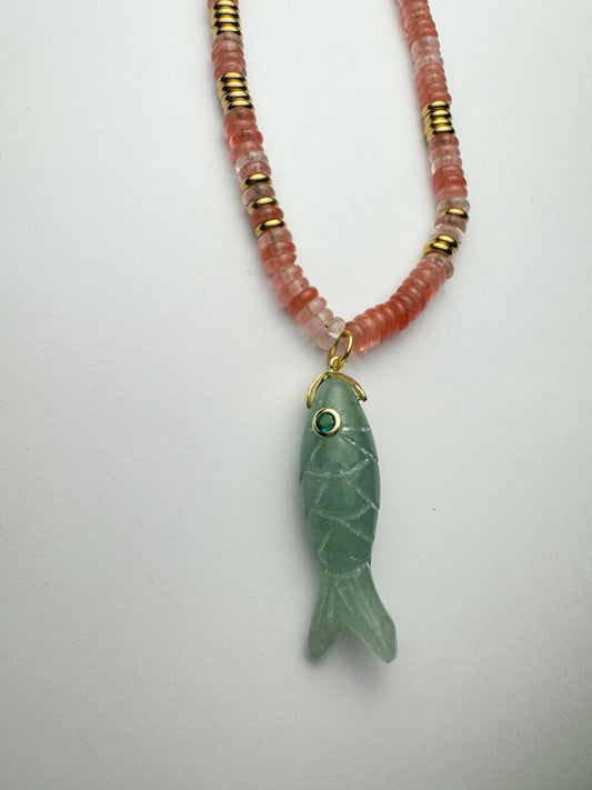 Pink Beaded Blue Fish Necklace