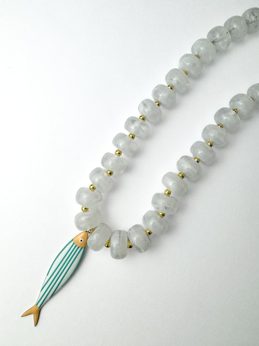 Clear Beaded Blue Fish Necklace