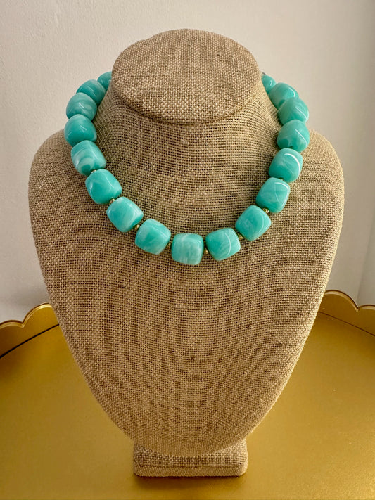 Teal Beaded Necklace - Square Beads