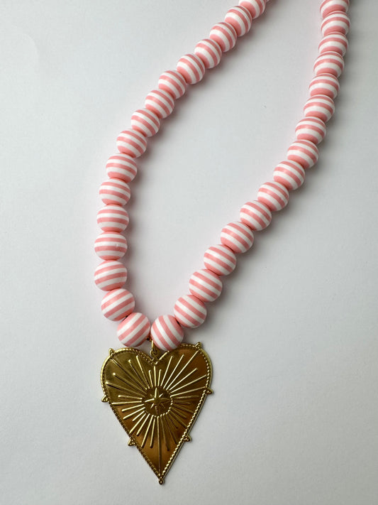 Pink Striped Beads with Heart Charm