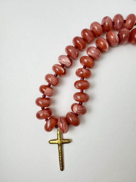 Pink Marble Beaded Cross Necklace