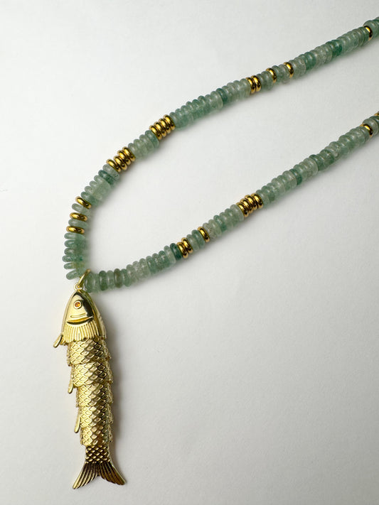 Blue Beaded Gold Fish Necklace