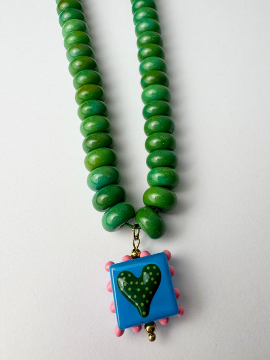 Green Beaded Heart Necklace