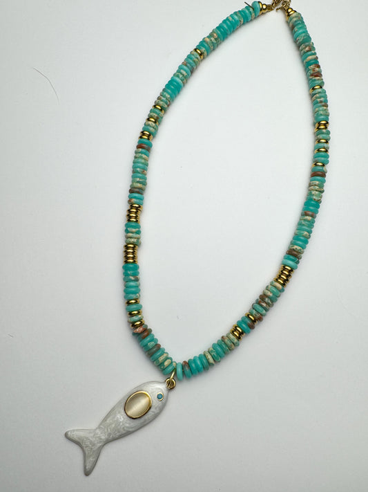 Multi Blue Beaded Fish Necklace