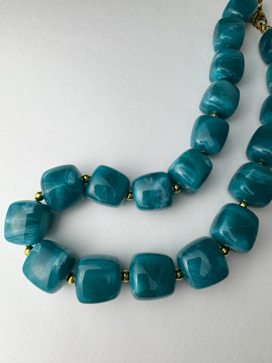 Blue Square Beaded Necklace