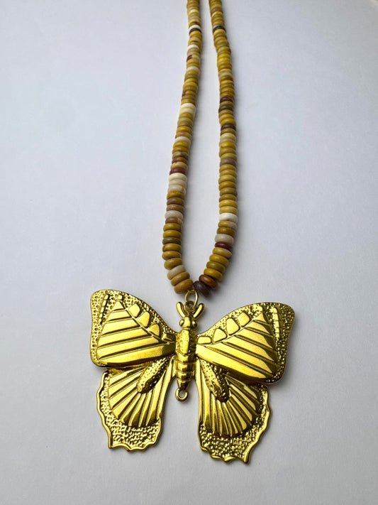 Tan Beaded Butterfly Necklace