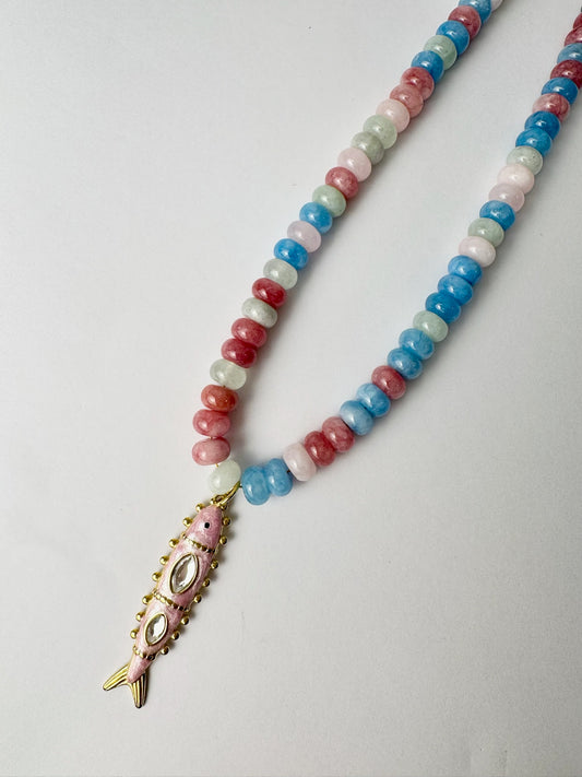Pink Fish Beaded Necklace