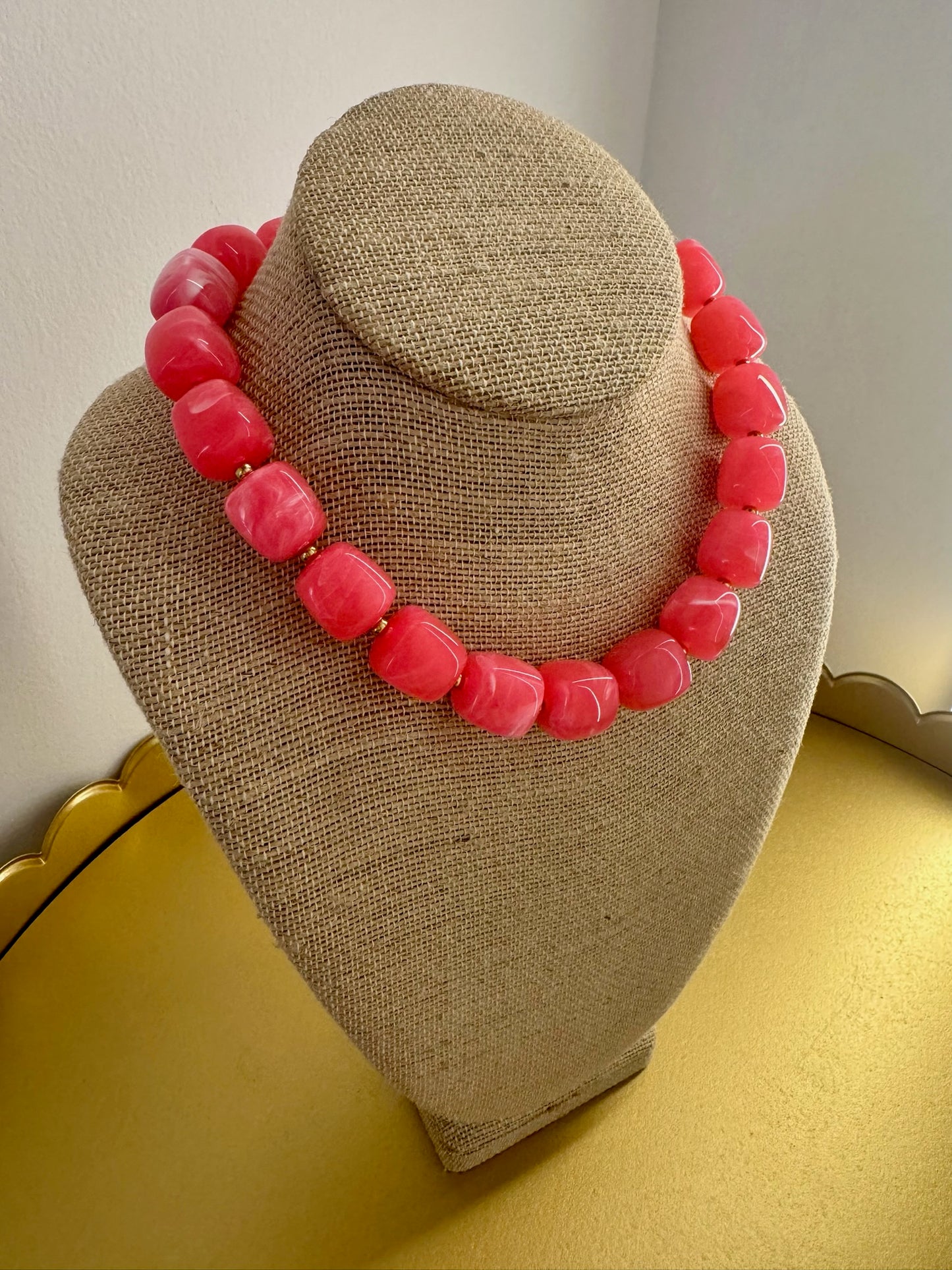 Hot Pink Beaded Necklace - Square Beads