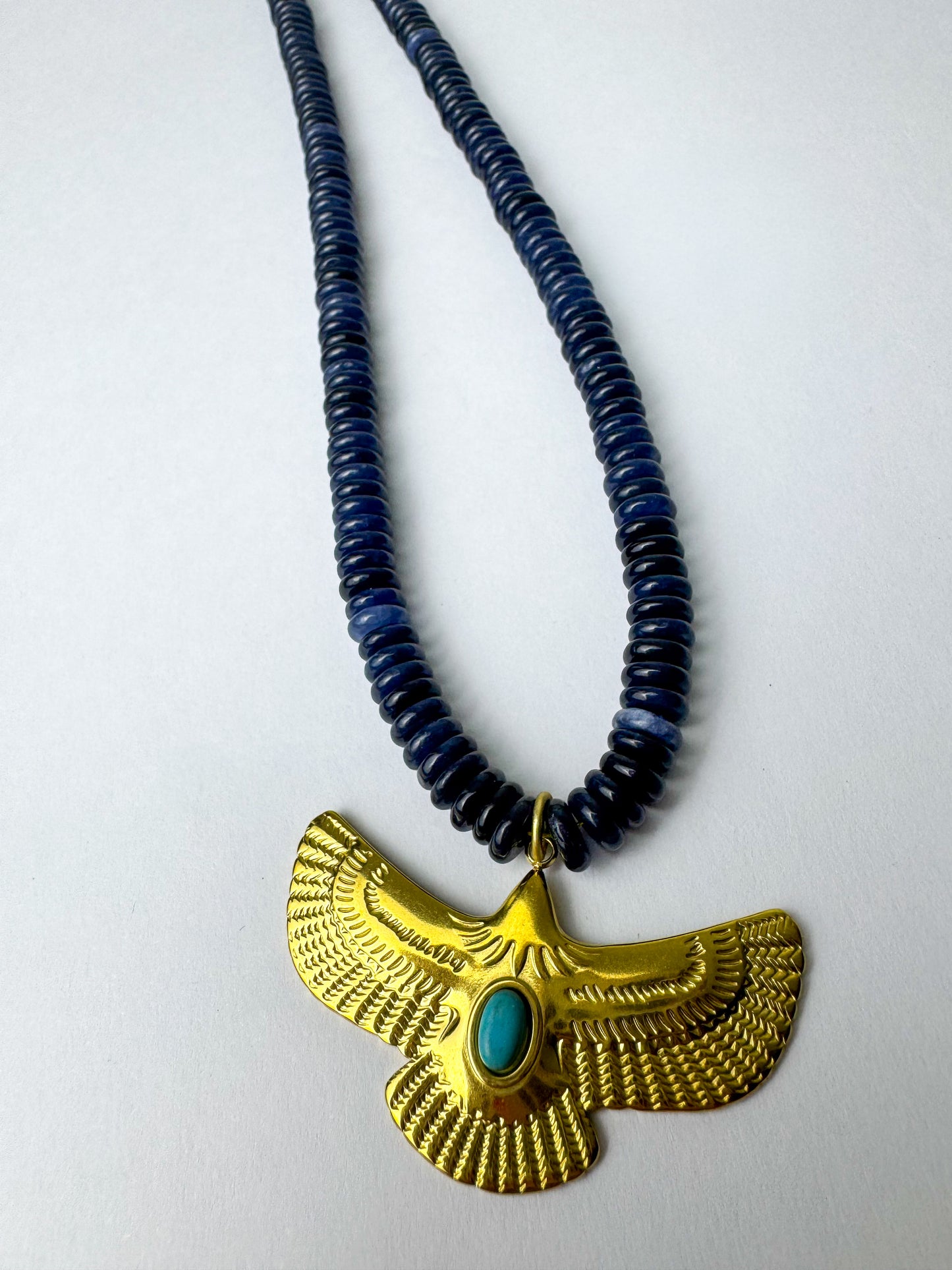 Navy Beaded Necklace with Bird Charm