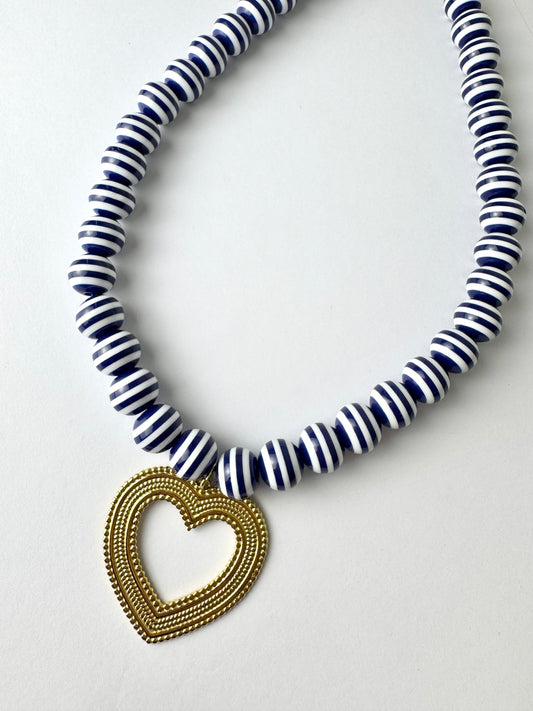 Navy Striped Heart Necklace