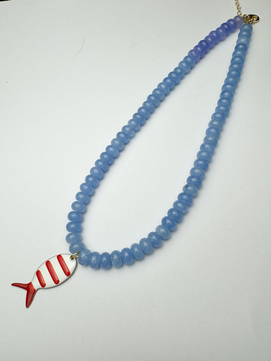Blue Beaded Red Fish Necklace