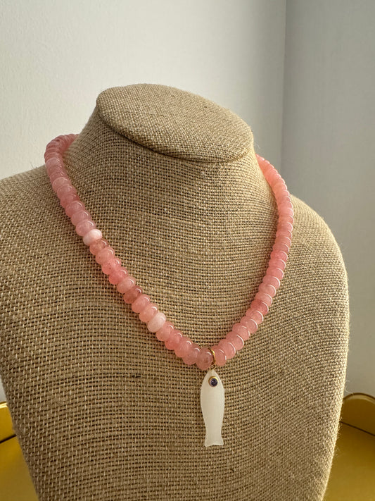 Pink Beaded Necklace with Purple eyed fish