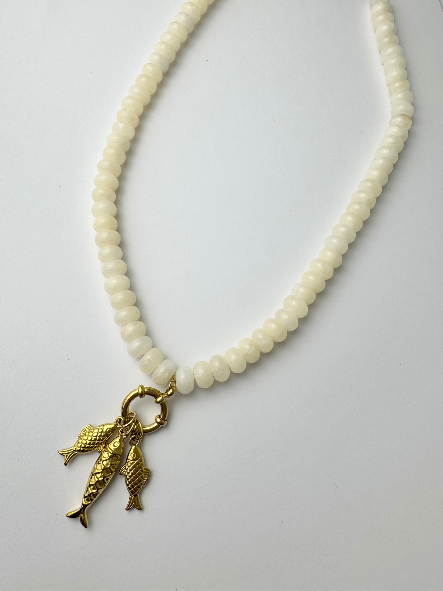 White Beaded Triple Fish Necklace